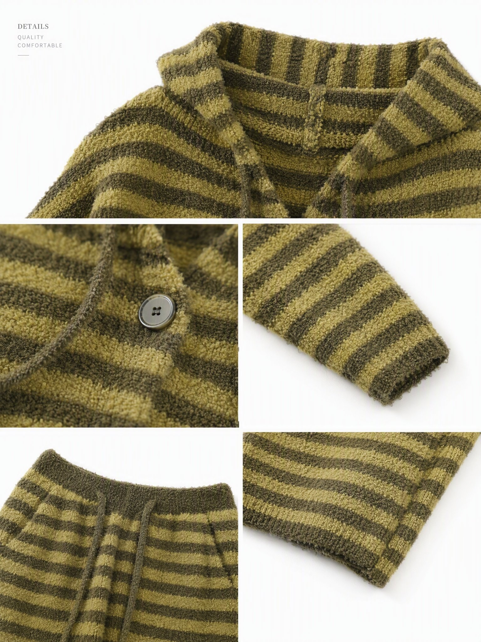 Olive and yellow-green striped plush fleece pajama set details with a drawstring hood, front buttons, ribbed cuffs, drawstring waistband and side pockets.