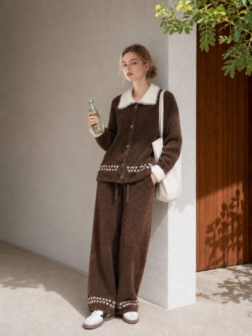 Chocolate brown plush fleece pajama set with an ivory collar and cuffs, a button-front cardigan, ivory hem motifs and drawstring pants with side pockets.