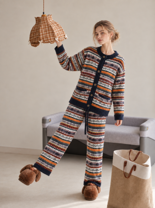 Multicolor striped chenille homewear set, contrast navy crew neck cardigan with fair isle jacquard, drawstring waist wide-leg pants, soft half-fleece 2-piece pajamas