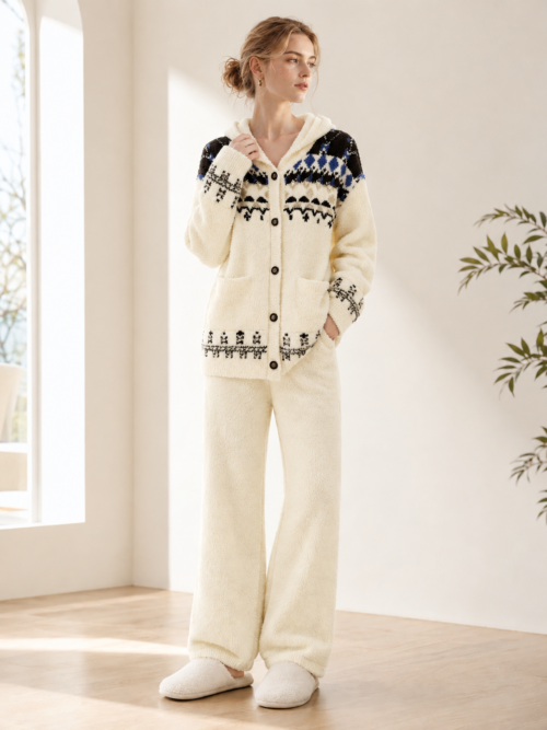 Cream ivory fair isle chenille loungewear set, hooded button cardigan with diamond jacquard, drawstring waist pants with side pockets, soft half-fleece pajama 2-piece set