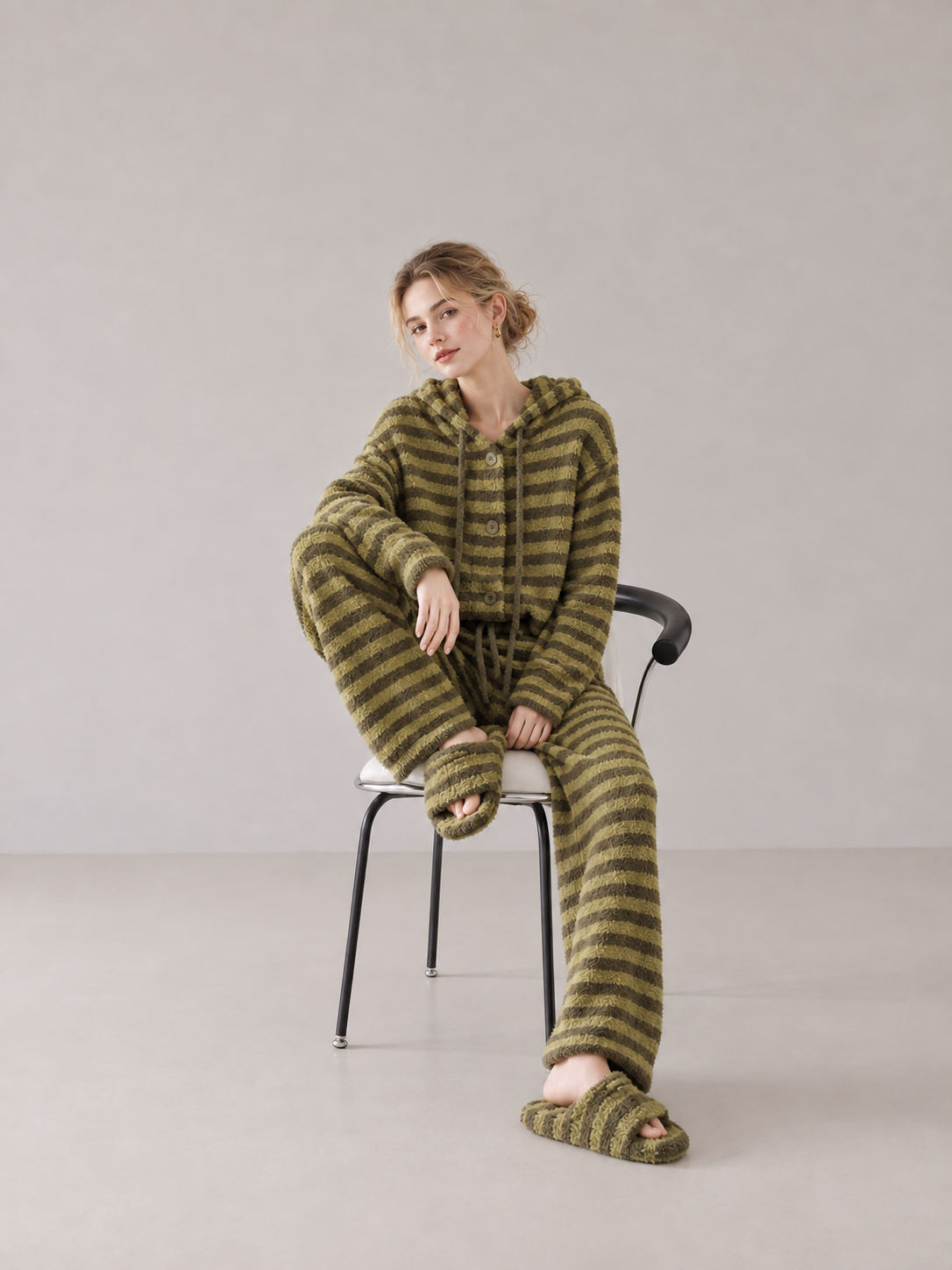 Olive and yellow-green striped plush fleece pajama set with a button-front cardigan, drawstring hood and matching drawstring pants with ribbed hems.