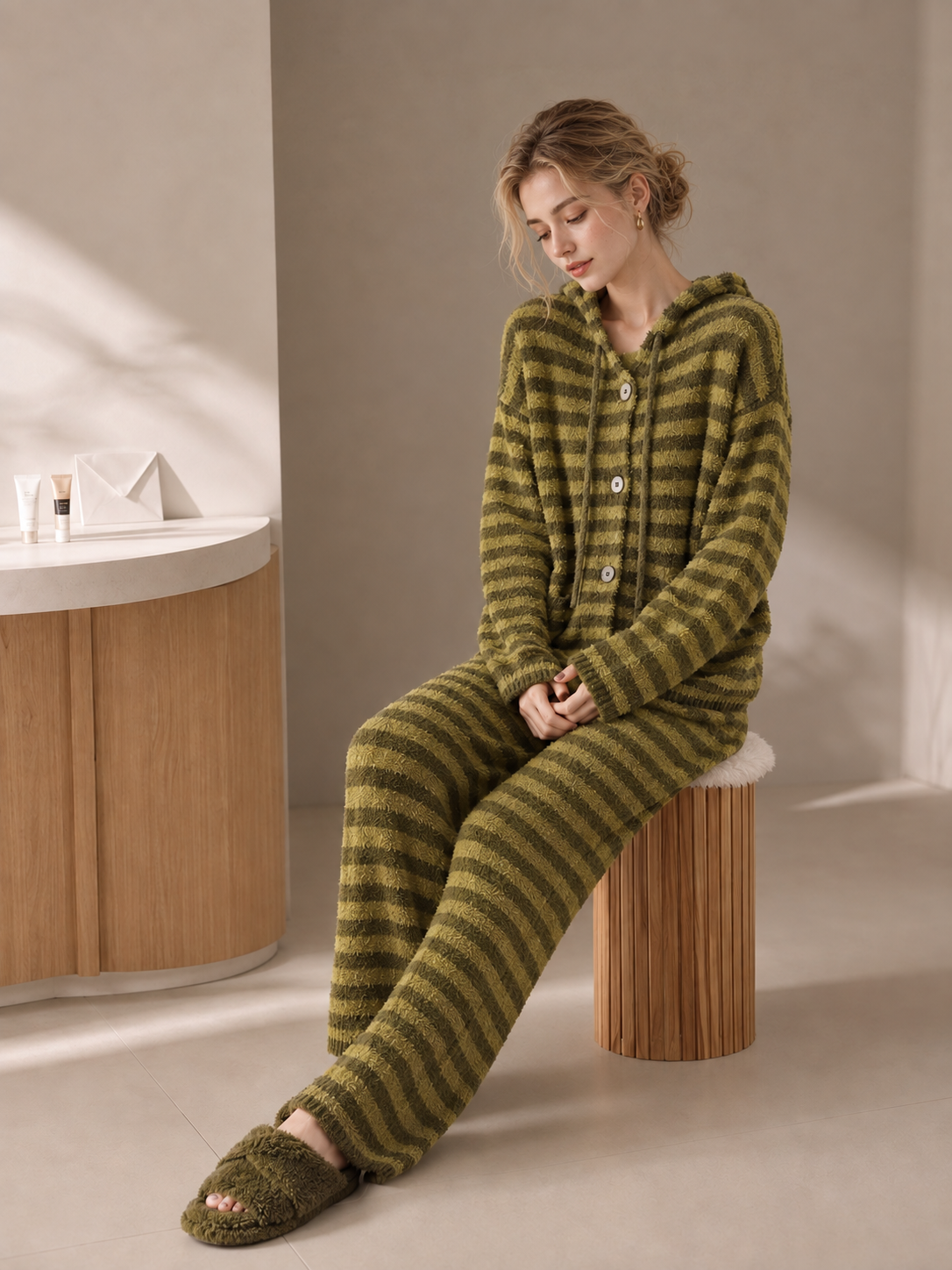 Olive and yellow-green striped plush fleece pajama set with a hooded button-front cardigan, ribbed sleeve cuffs and matching full-length pants.