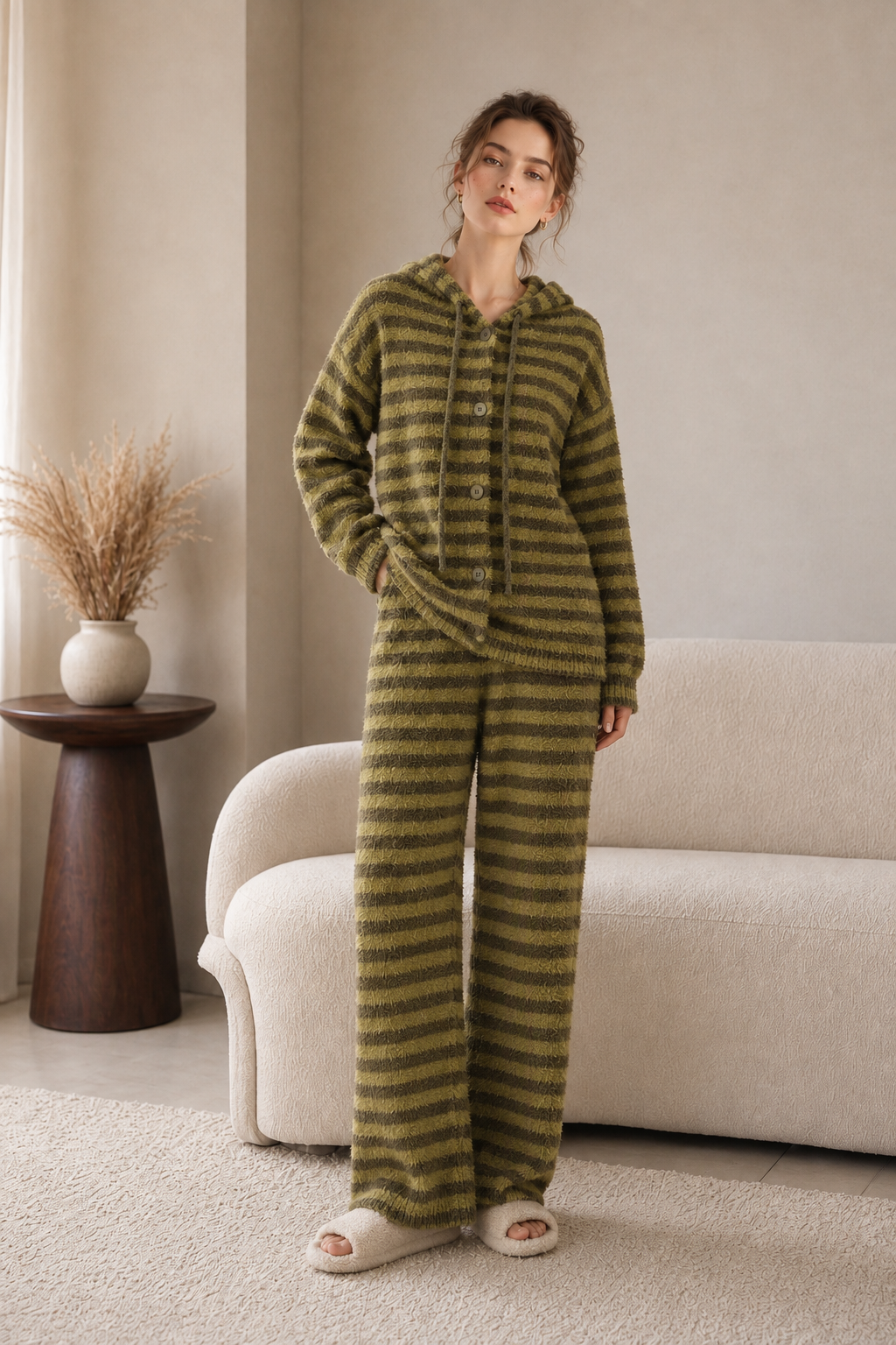 Olive and yellow-green striped plush fleece pajama set with a long-sleeve hooded cardigan, front buttons, ribbed trim and matching striped pants.