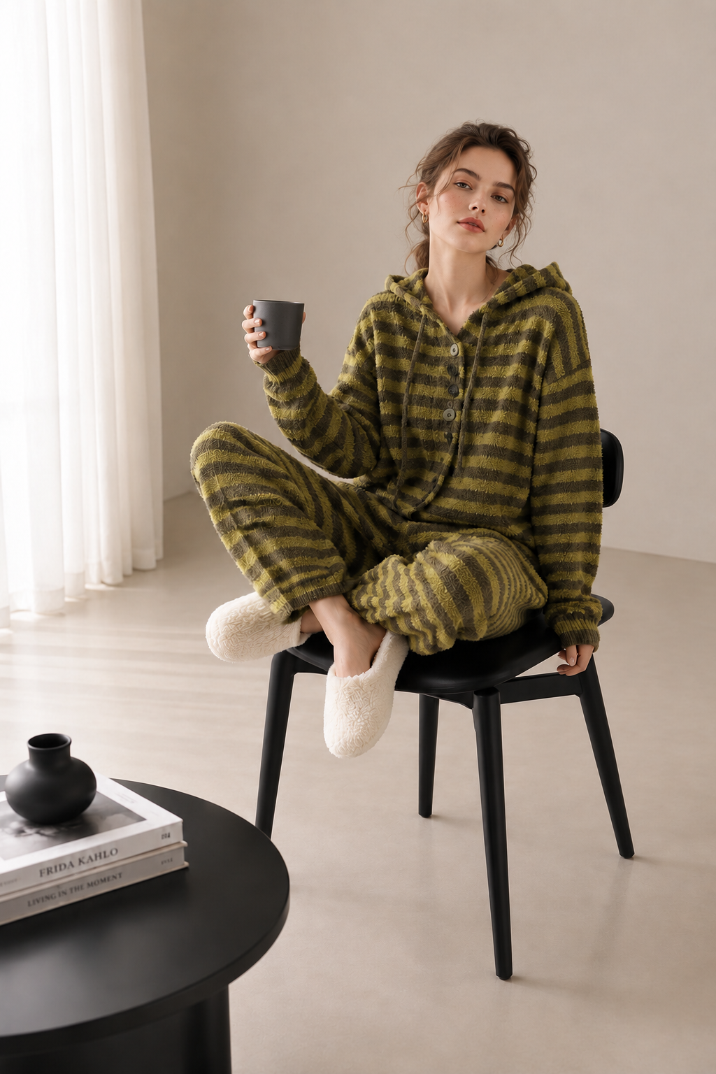 Olive and yellow-green striped plush fleece pajama set with a drawstring hood, button-front cardigan, ribbed cuffs and matching ribbed-hem pants.