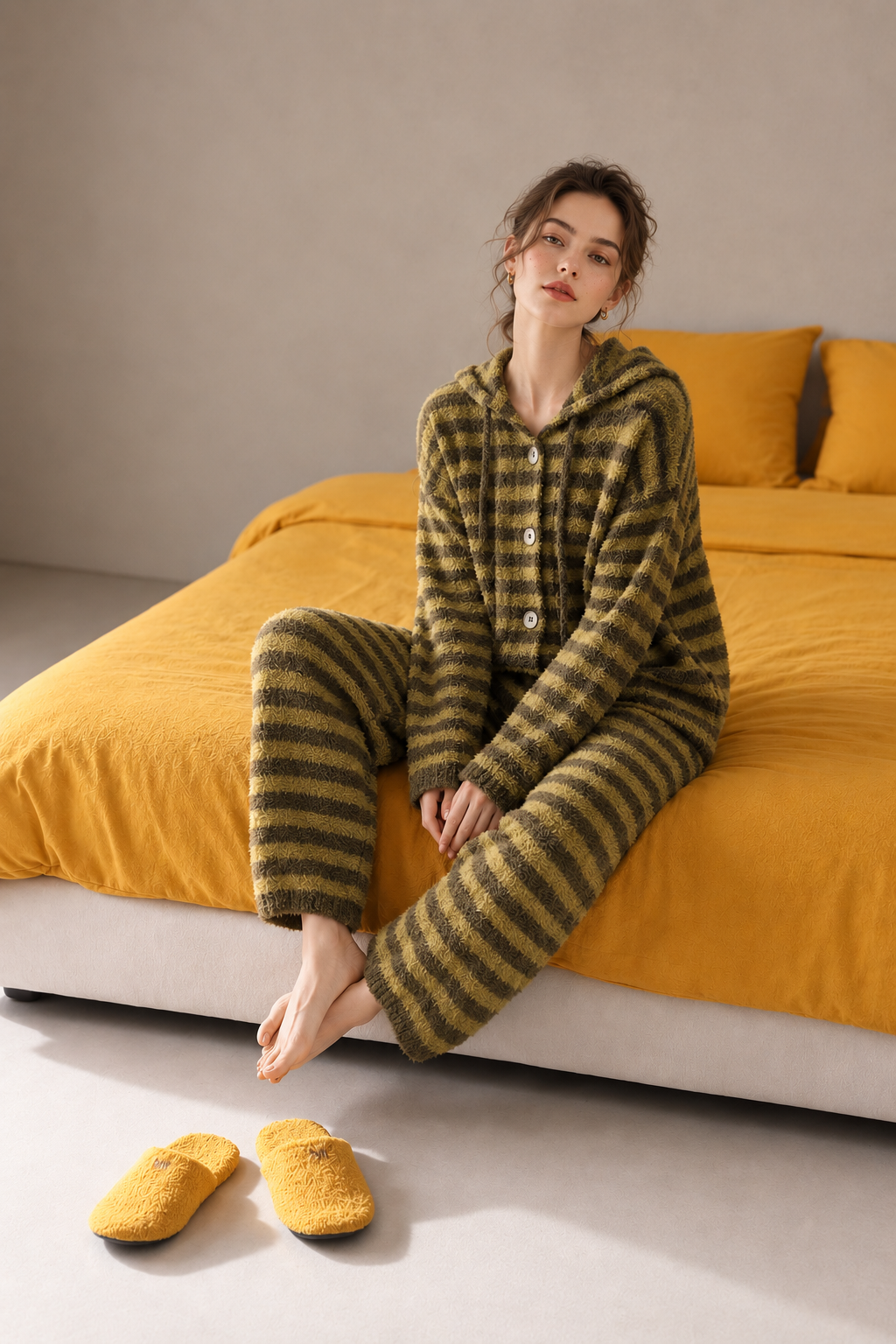 Olive and yellow-green striped plush fleece pajama set with a relaxed hooded cardigan, front buttons, ribbed sleeve cuffs and matching pants.