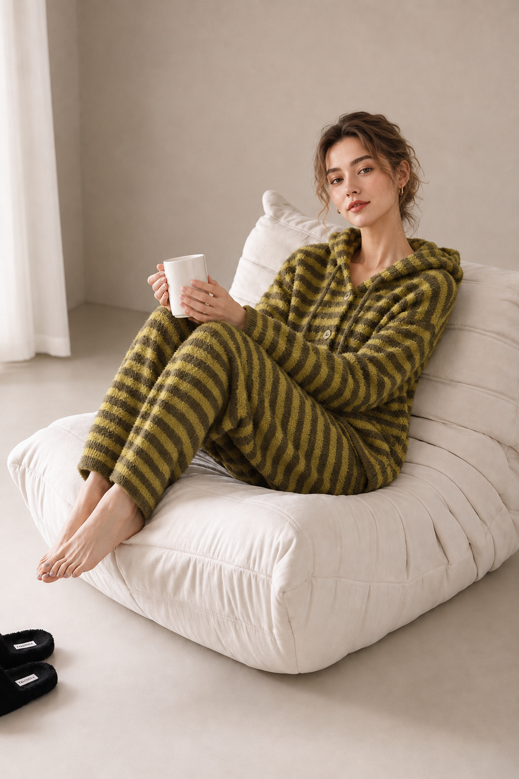 Olive and yellow-green striped plush fleece pajama set with a button-front hooded cardigan and matching pants with ribbed hems.