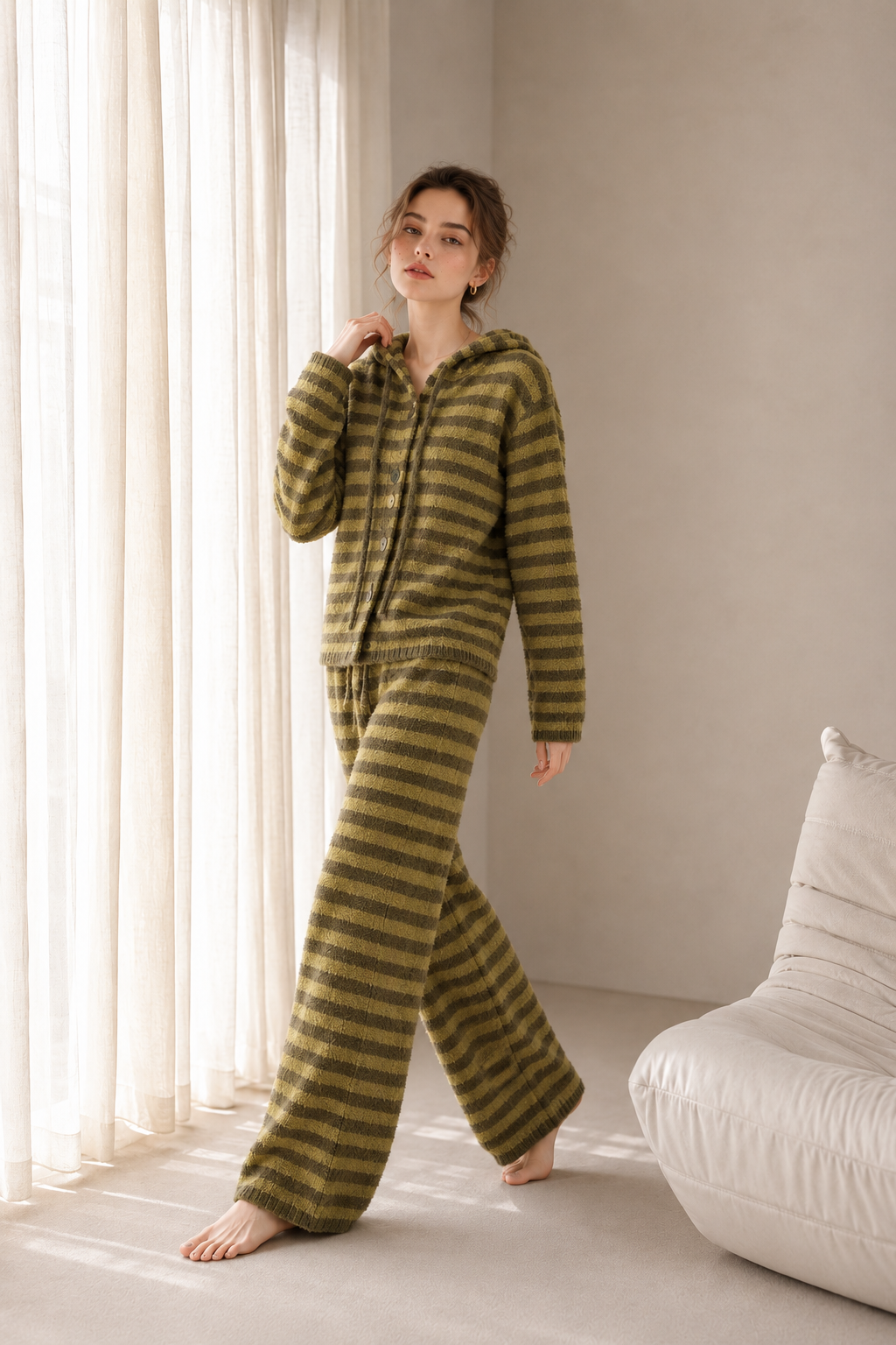Olive and yellow-green striped plush fleece pajama set with a hooded button-front cardigan, ribbed cuffs and matching full-length striped pants.