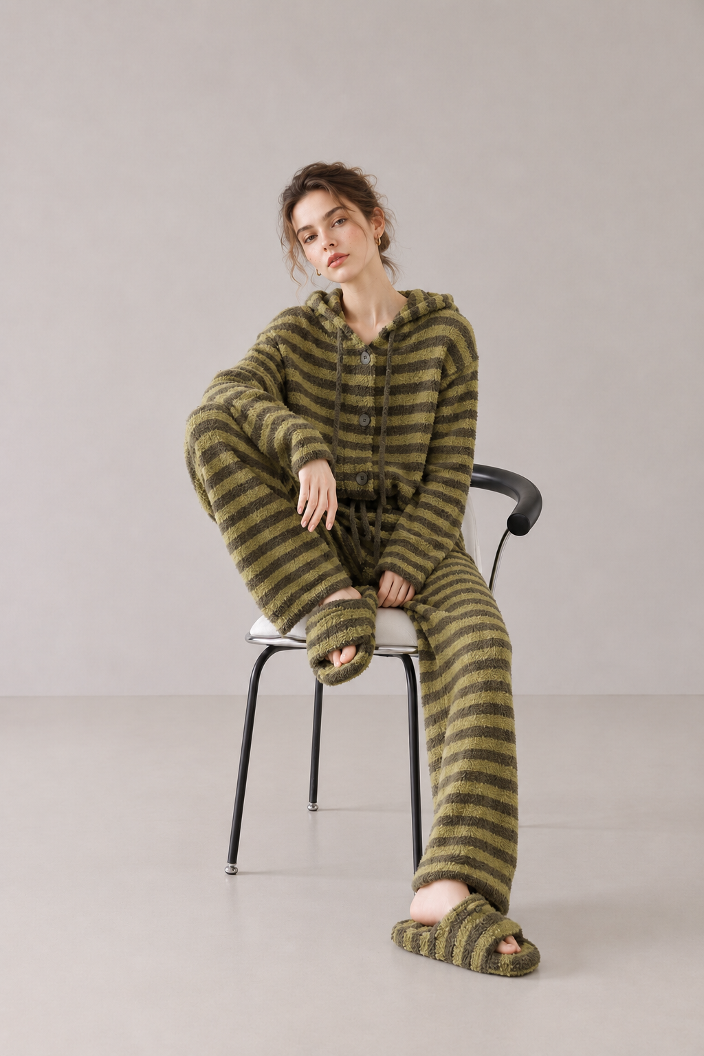 Olive and yellow-green striped plush fleece pajama set with a drawstring hood, button-front cardigan and matching drawstring pants.