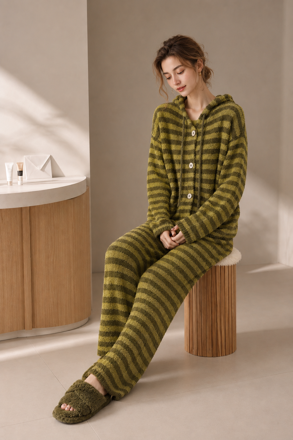 Olive and yellow-green striped plush fleece pajama set with a long-sleeve hooded button-front cardigan and matching full-length pants.