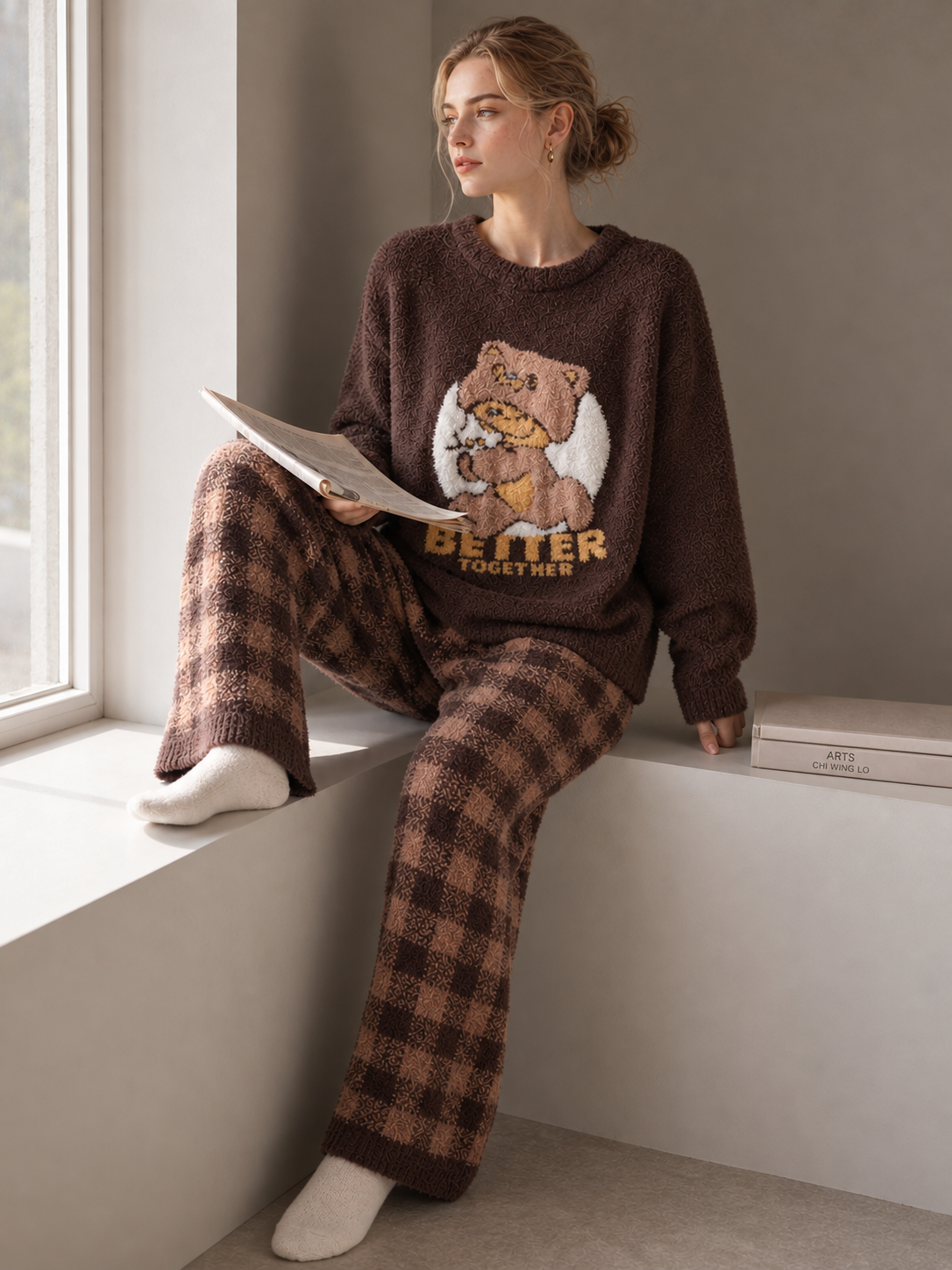Dark brown chenille loungewear set, crew neck long sleeve top with teddy bear jacquard and letter graphic, matching brown plaid wide-leg pants, soft fluffy knit 2-piece pajama set