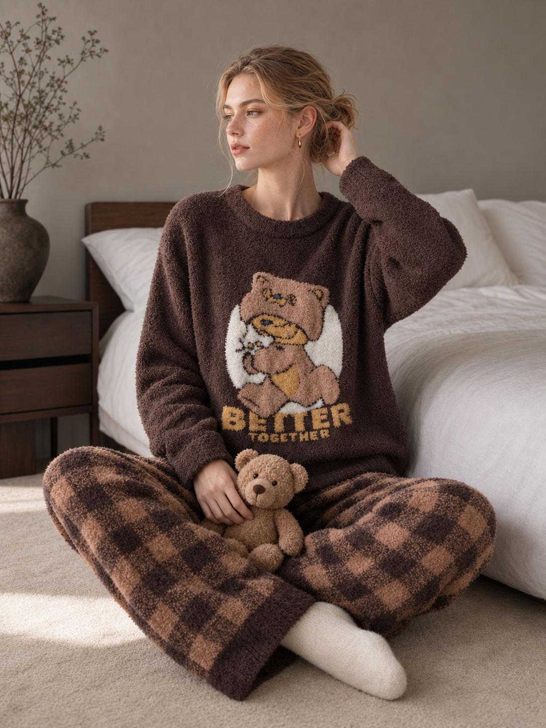 Espresso brown half-fleece pajama top, crew neck with 3D teddy bear intarsia and lettering, ribbed trim, soft fluffy knit loungewear sweater