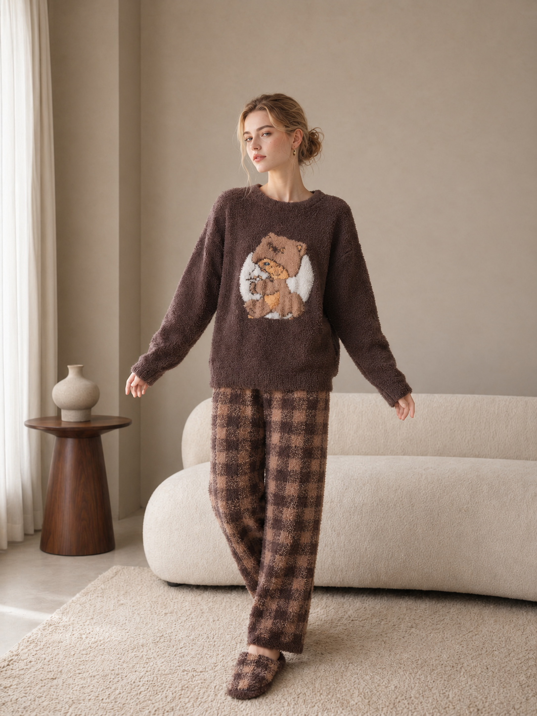 Brown plaid chenille pajama set, dark brown crew neck top with teddy bear motif, tan checkered elastic waist wide-leg pants, cozy fluffy knit women's homewear set