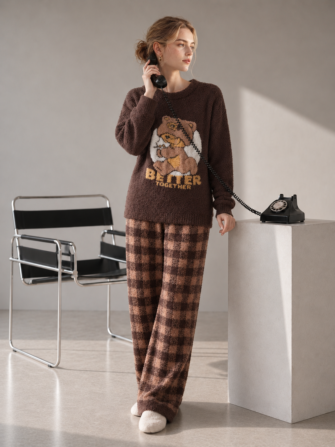 Two-tone fluffy knit loungewear set, side view, solid brown crew neck top with bear graphic and plaid straight-leg pants, soft chenille women's pajama set