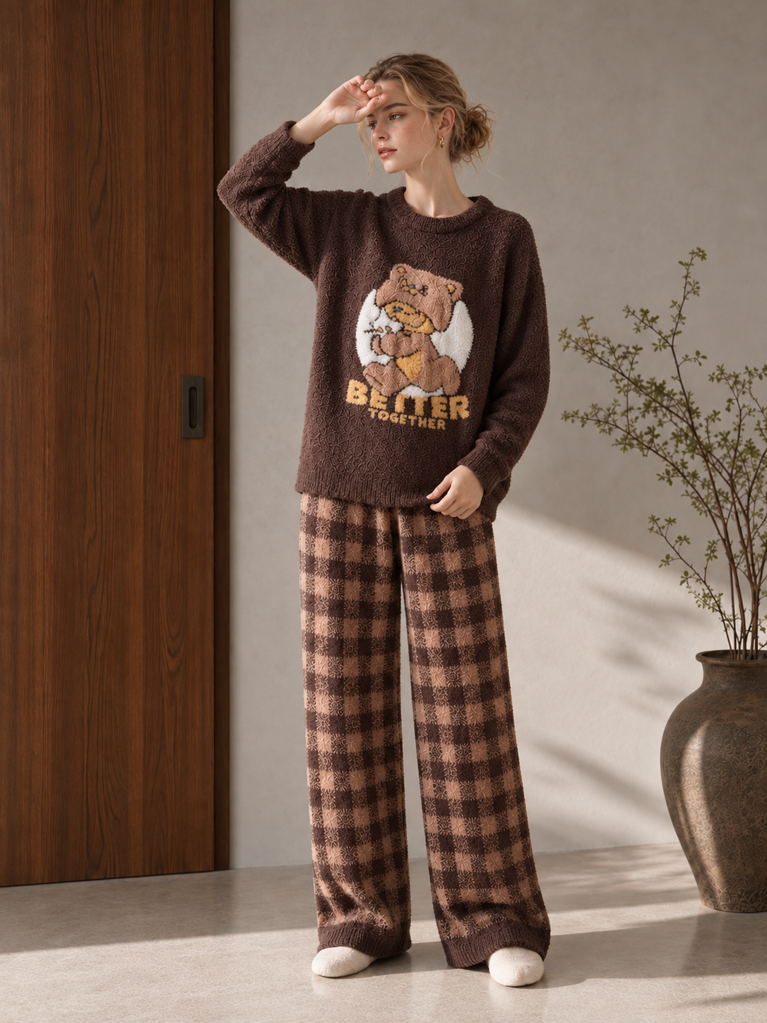Dark brown & tan checkered chenille homewear set, crew neck long sleeve top with teddy bear jacquard, elastic waist wide-leg pants, soft half-fleece pajama 2-piece set