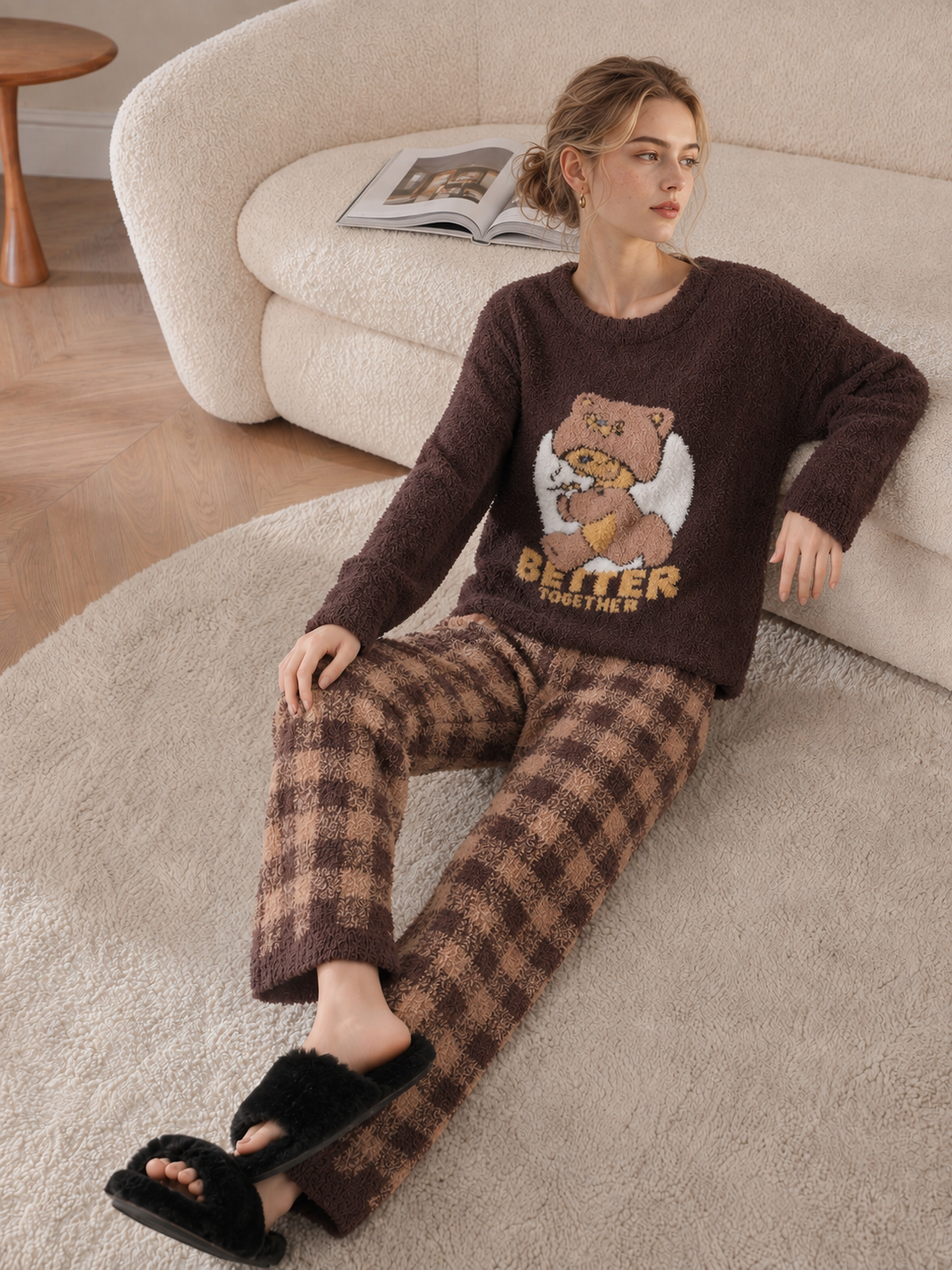 Brown plaid half-fleece pajama set, crew neck top with cartoon bear and letter print, matching checkered relaxed pants, cozy fluffy knit loungewear for women