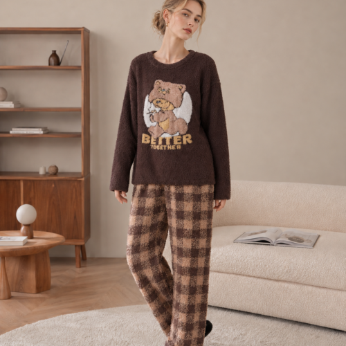 Espresso brown chenille loungewear set, crew neck long sleeve top with teddy bear and letter design, brown buffalo plaid wide-leg pants, soft fuzzy knit pajama set