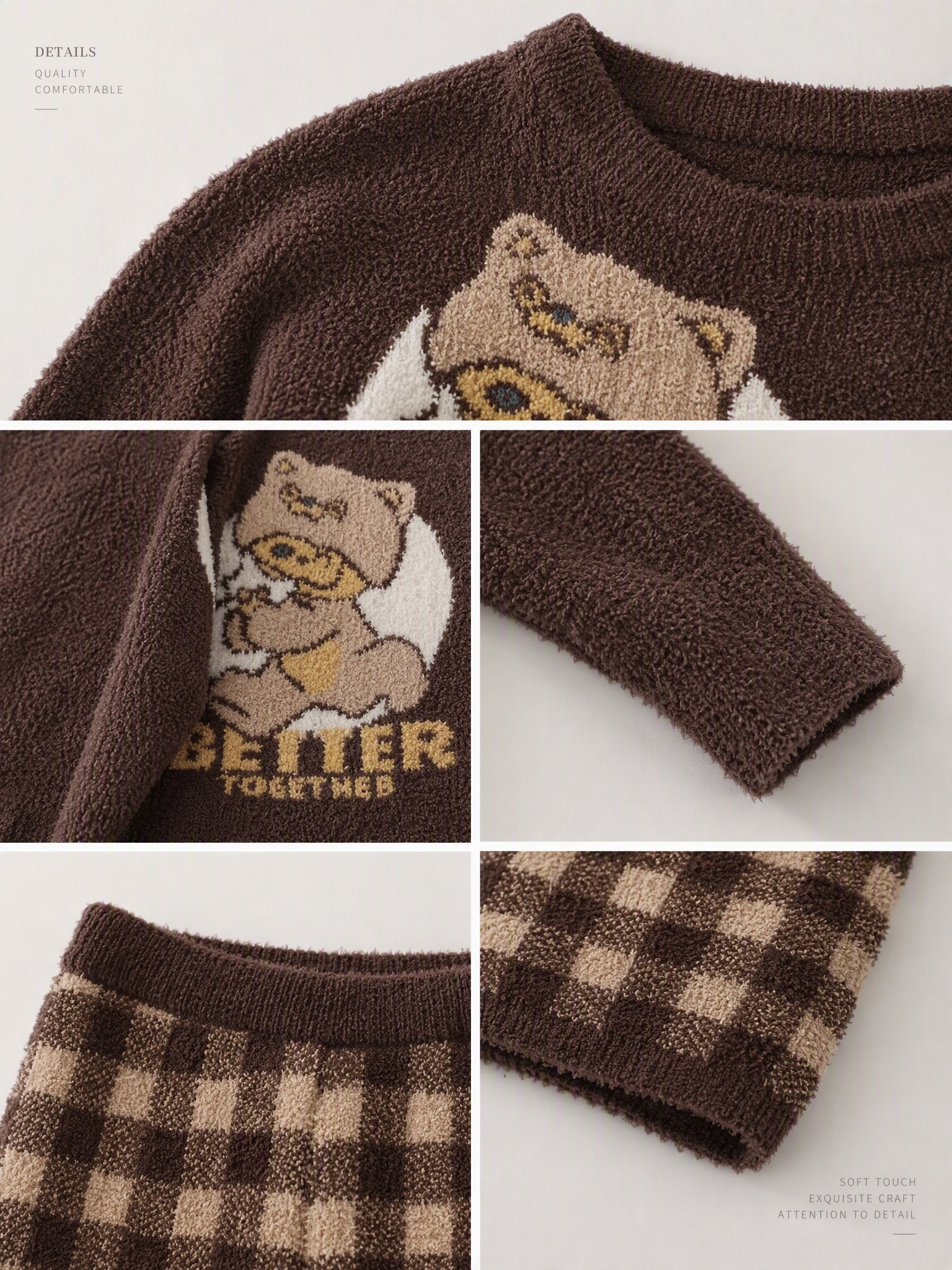 Chenille pajama set craftsmanship details, ribbed crew neck, teddy bear intarsia, ribbed cuffs, elastic waist plaid pants, soft fluffy knit loungewear set