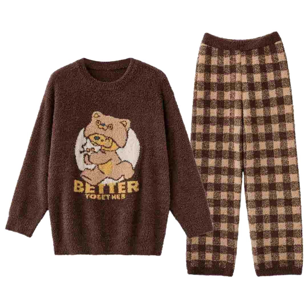 Chenille pajama set craftsmanship details, ribbed crew neck, teddy bear intarsia, ribbed cuffs, elastic waist plaid pants, soft fluffy knit loungewear set