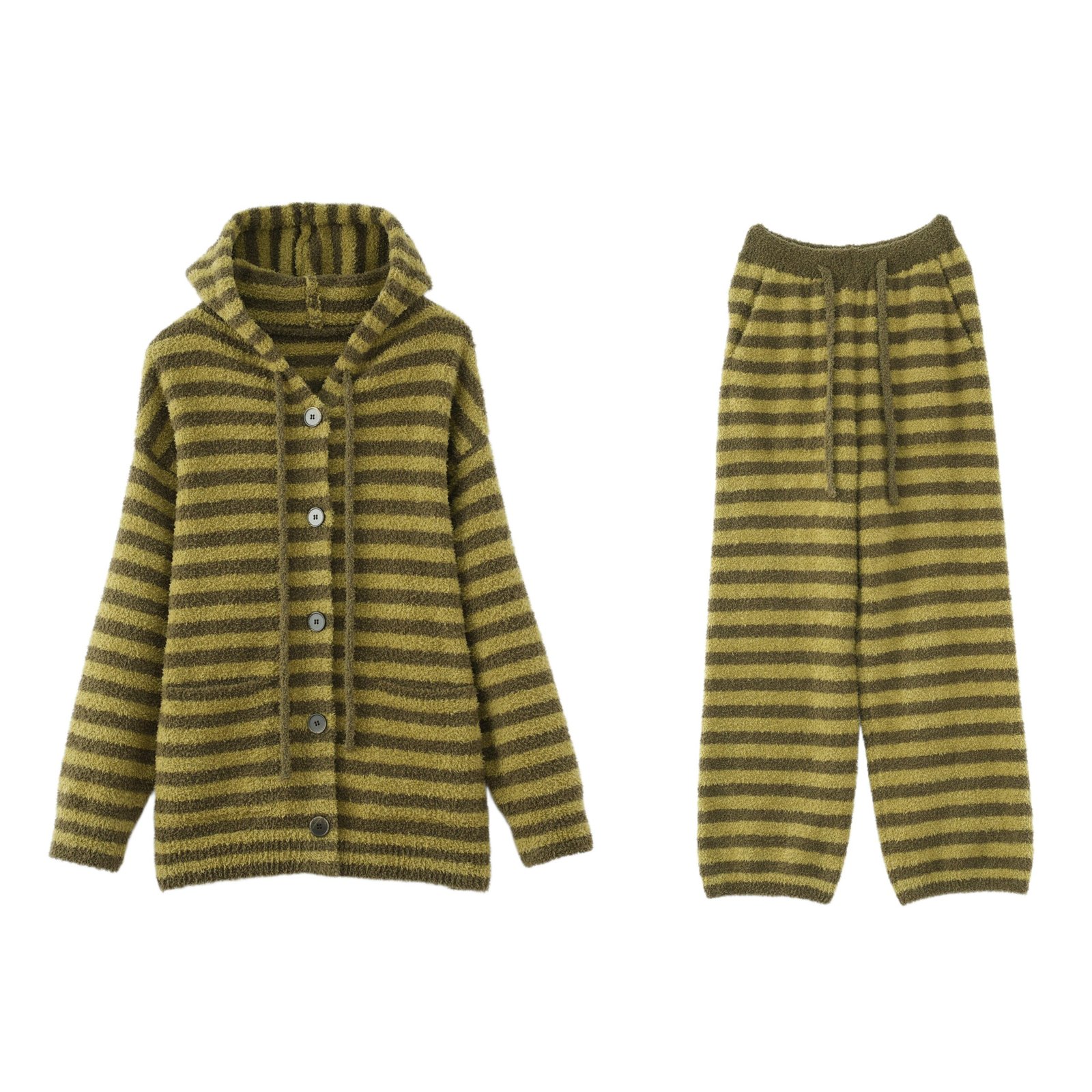 Olive and yellow-green striped plush fleece two-piece pajama set with a hooded button-front cardigan, front patch pockets and matching drawstring pants.