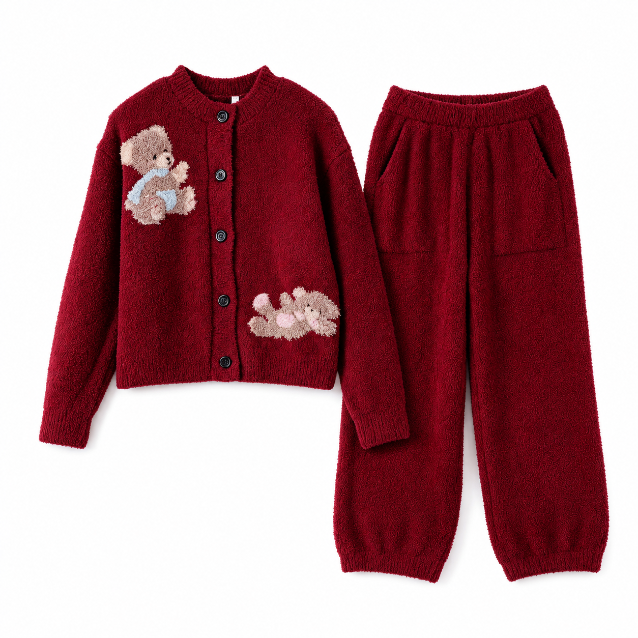 Flat Lay Image: Flat lay of wine red teddy bear half fleece cardigan pajama set, top and pants on white background