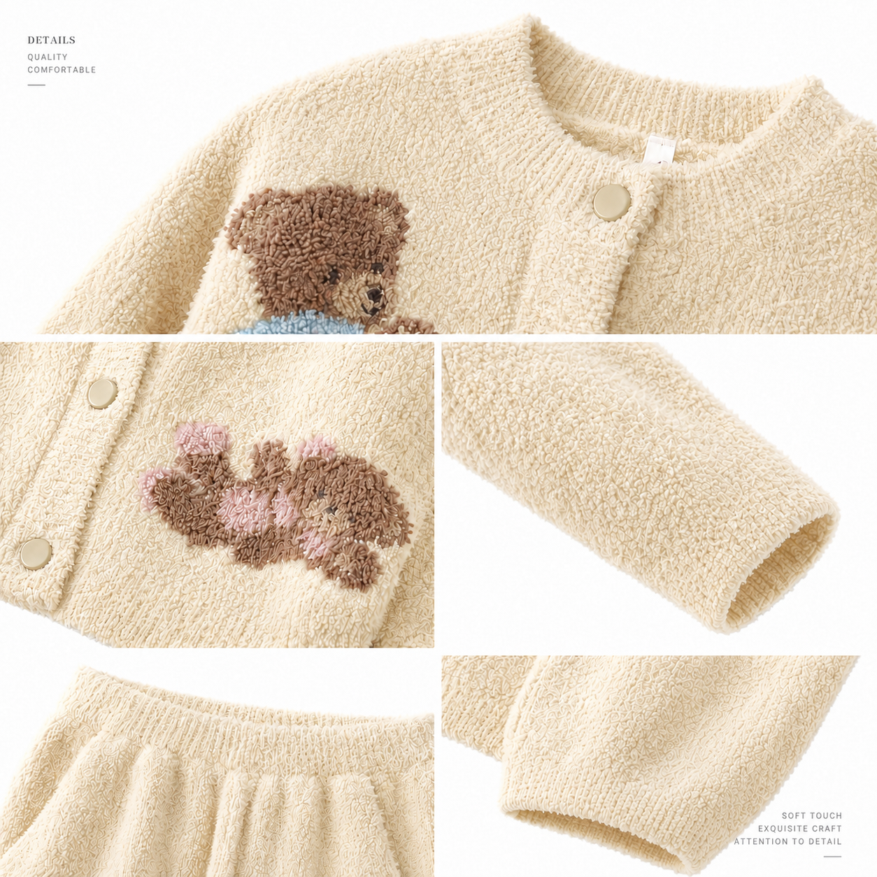 Cream chenille loungewear set details, round neck button-front cardigan with teddy bear jacquard, ribbed trim and matching wide-leg pants, soft fuzzy knit pajama set