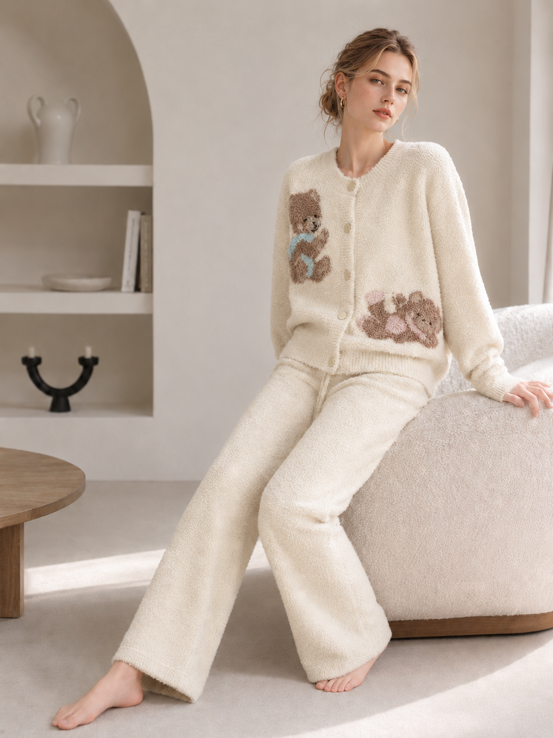 Cozy fluffy homewear set with bear motifs