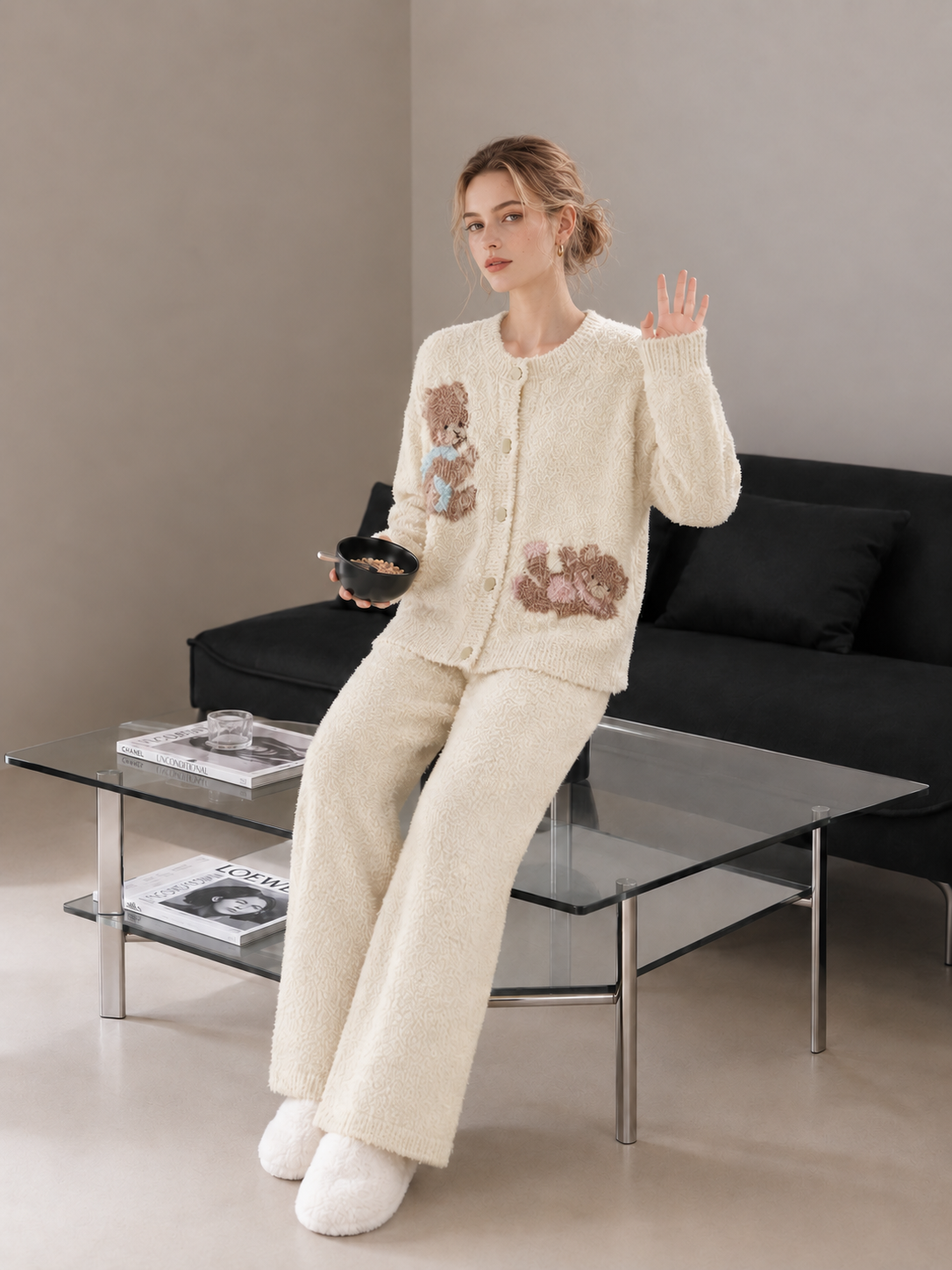 Fuzzy knit pajama set with cartoon bears