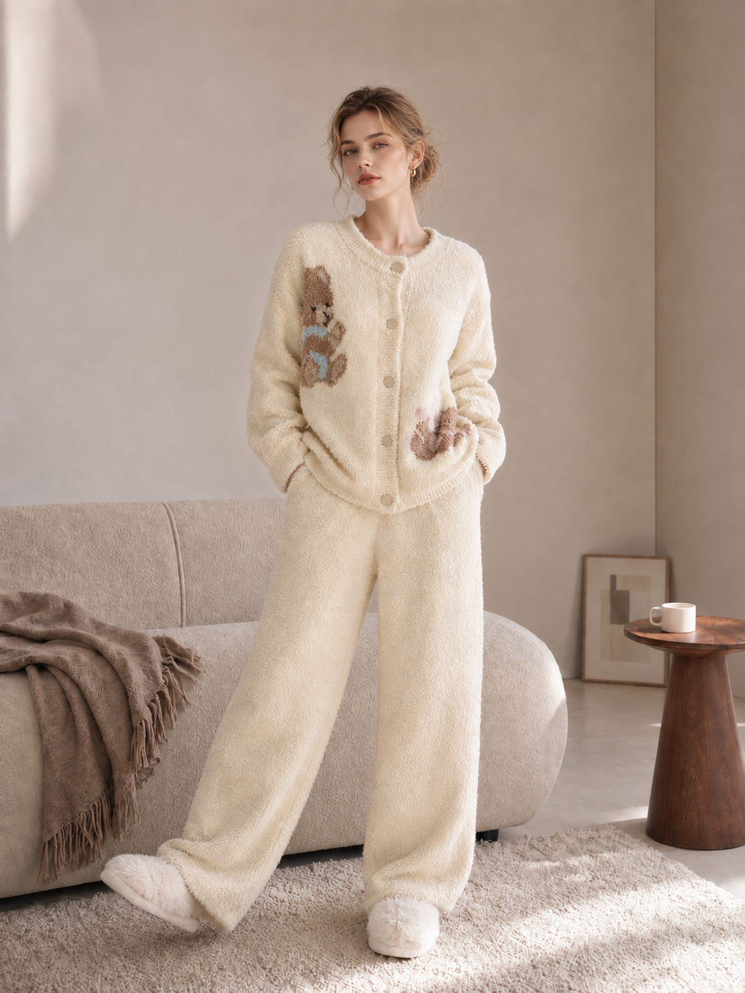 Soft plush pajama set with bear applique