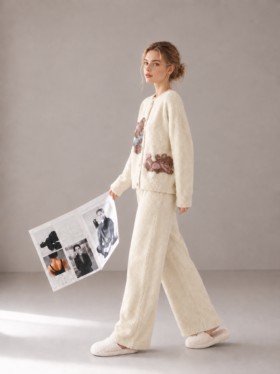 Cream fluffy loungewear set with teddy bear embroidery