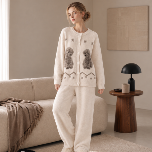 Oat beige fluffy knit loungewear set, round neck long sleeve button cardigan with poodle dog pattern and straight-leg pants, women's chenille pajama 2-piece set