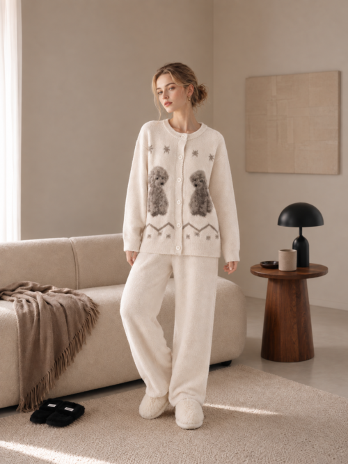 Oat beige fluffy knit loungewear set, round neck long sleeve button cardigan with poodle dog pattern and straight-leg pants, women's chenille pajama 2-piece set