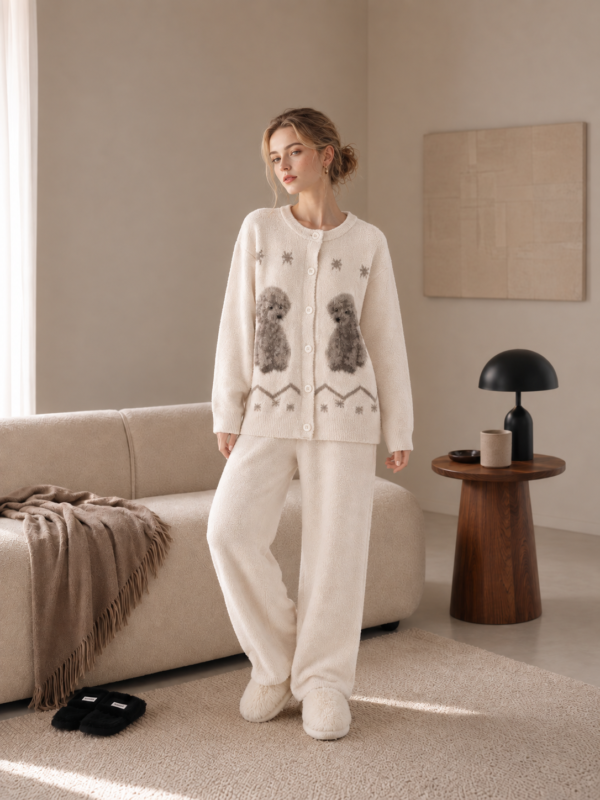 Oat beige fluffy knit loungewear set, round neck long sleeve button cardigan with poodle dog pattern and straight-leg pants, women's chenille pajama 2-piece set