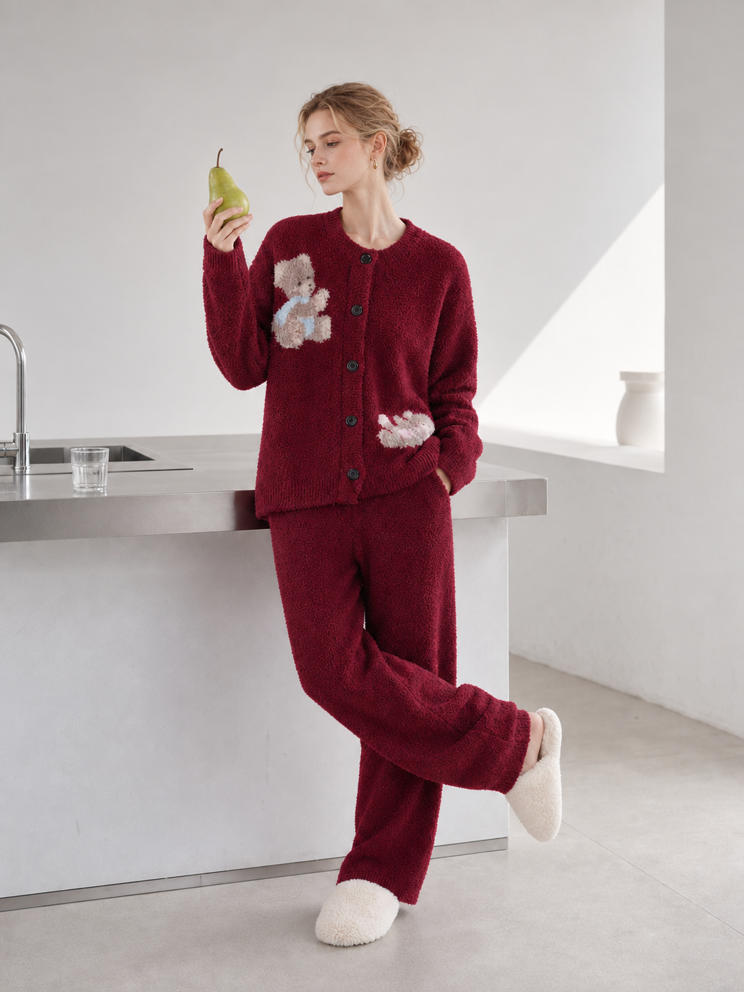 Burgundy chenille loungewear set, button-front cardigan with teddy bear jacquard and wide-leg pants, women's fluffy pajama set
