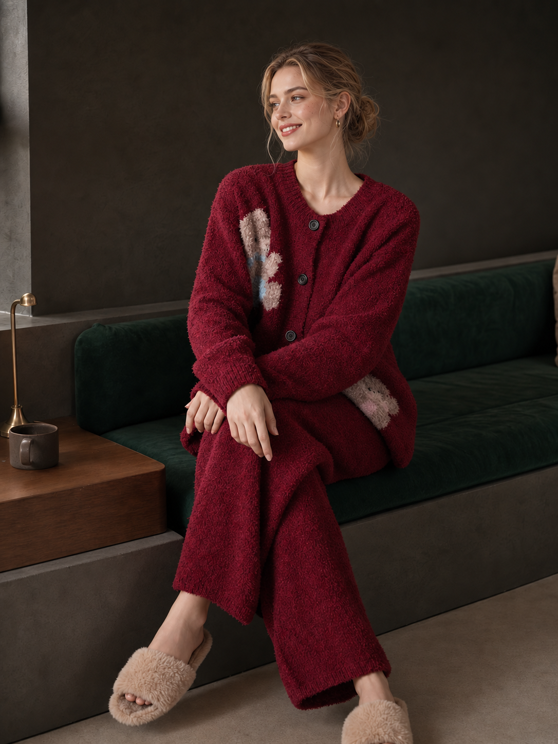 Wine red fuzzy knit pajama set, round neck cardigan with bear motifs and loose wide-leg pants, soft chenille loungewear