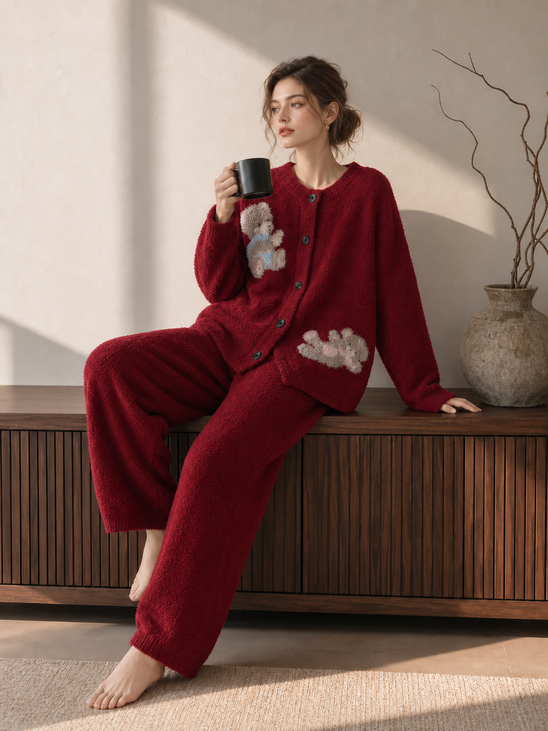 Burgundy plush homewear set, teddy bear intarsia button cardigan with matching wide-leg pants, cozy chenille loungewear