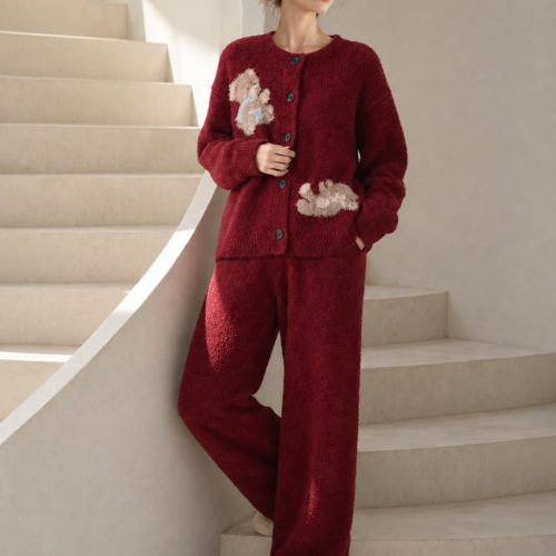 Wine red half-fleece loungewear set, long sleeve button cardigan with bear embroidery and straight wide-leg pants