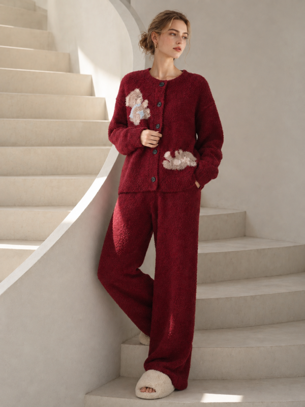 Wine red half-fleece loungewear set, long sleeve button cardigan with bear embroidery and straight wide-leg pants