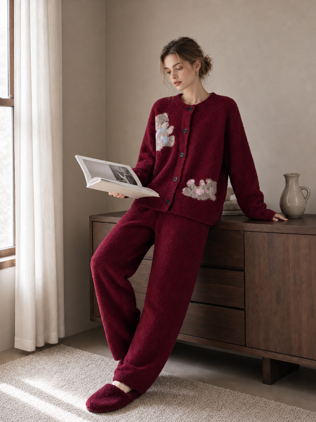 Wine red chenille pajama set, button-down cardigan with bear jacquard and relaxed wide-leg pants, cozy homewear