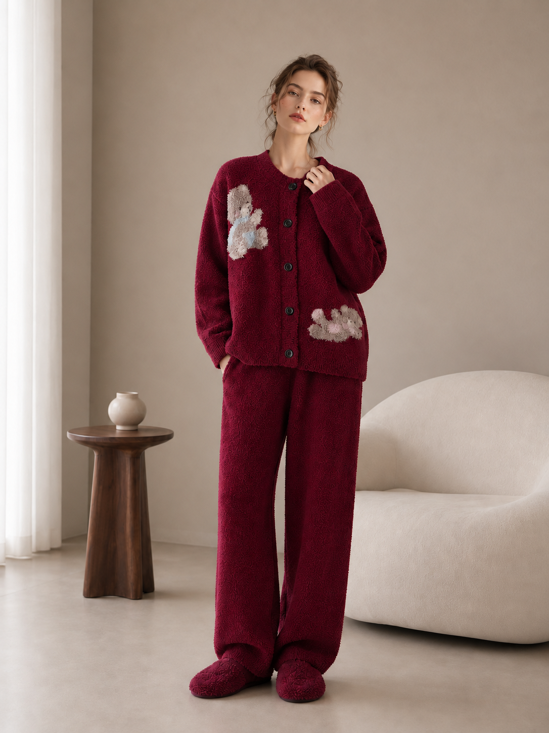 Burgundy teddy bear loungewear set, round neck button cardigan with bear applique and matching wide-leg pants, fluffy pajamas