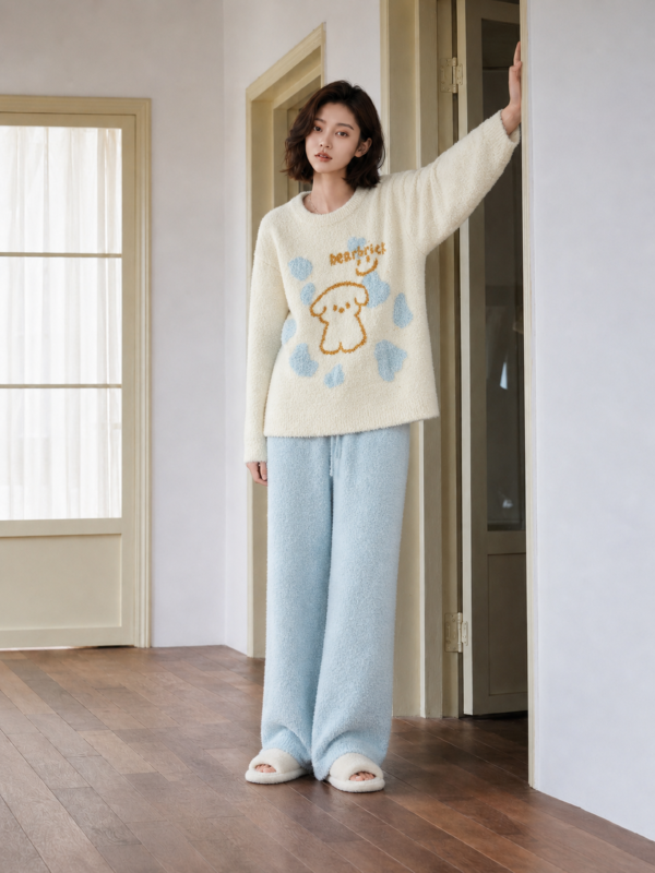 Woman wearing puppy print half fleece pajamas, cozy home lifestyle scene