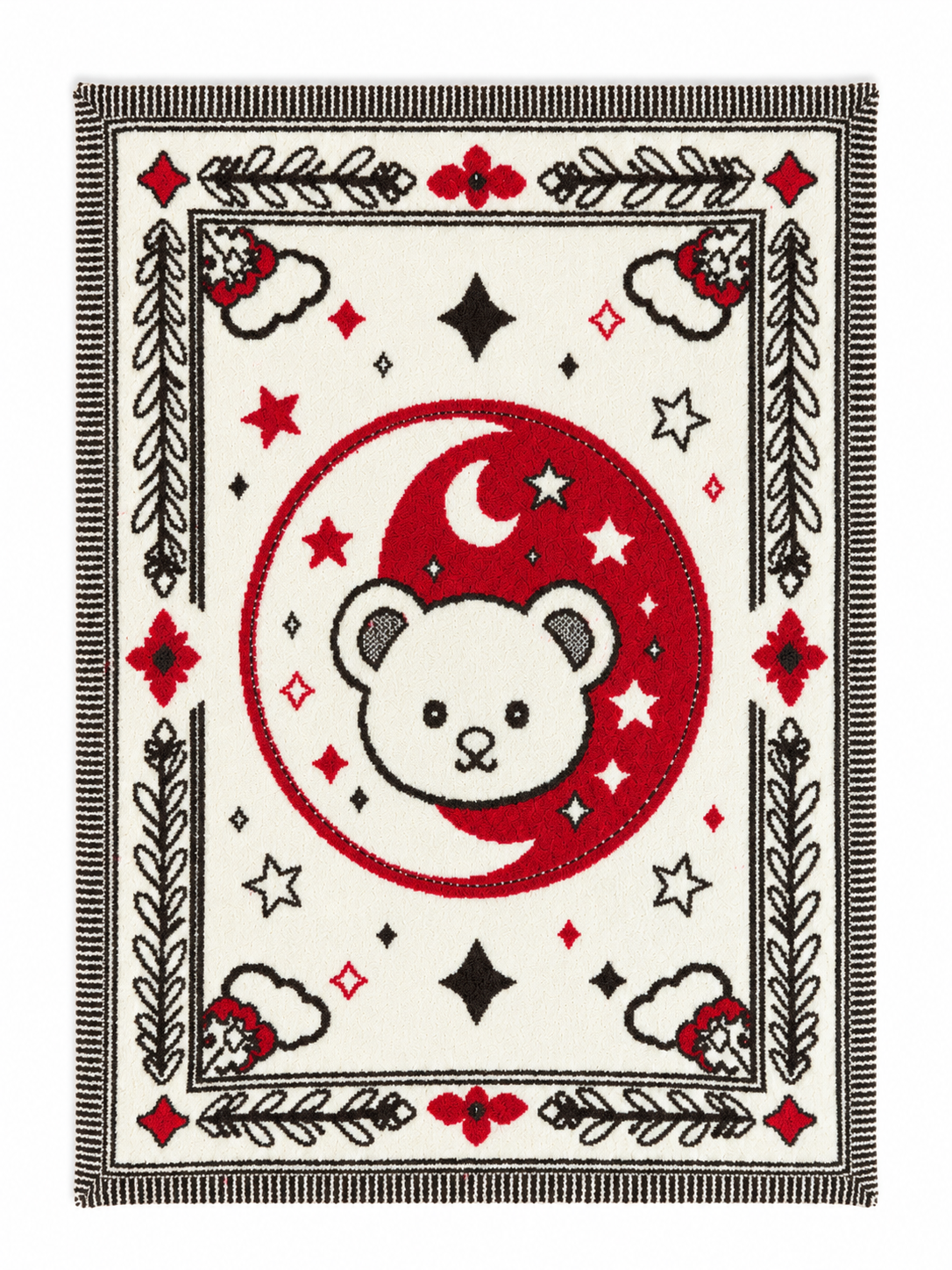 Full Pattern Half-fleece Jacquard Throw Blanket, Off-white Red Black Bear Moon Star Bordered Design