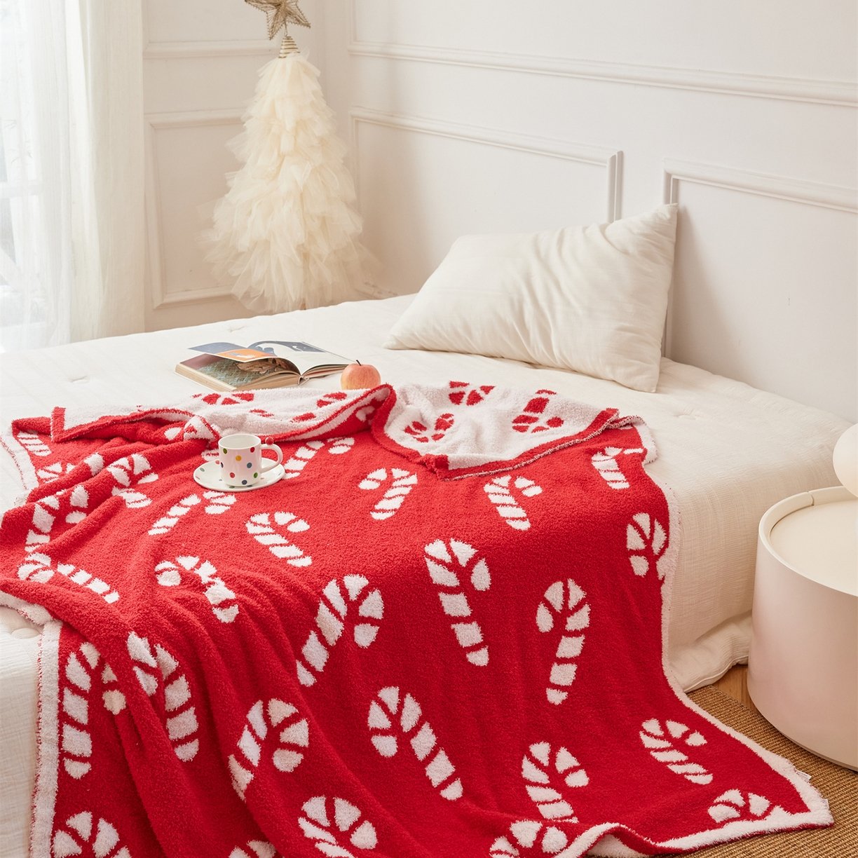 Reversible Jacquard Half Fleece Throw Blanket, Red & White Christmas Candy Cane Pattern, Full Spread View