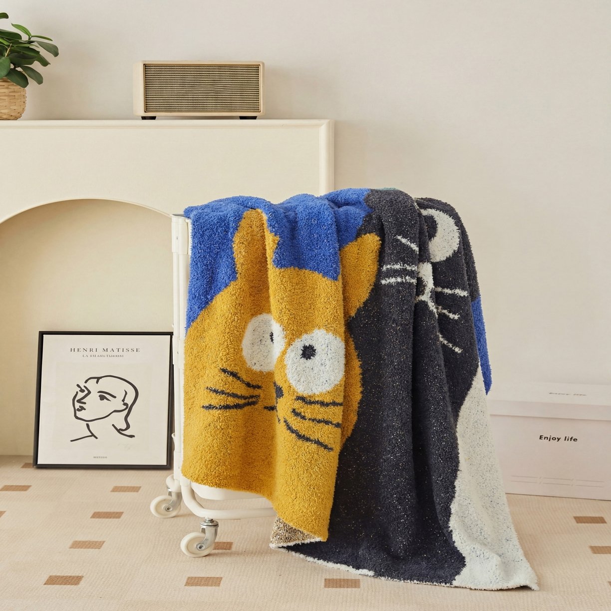 Folded Blue & Yellow Half Fleece Knitted Throw Blanket with Cartoon Cat Pattern