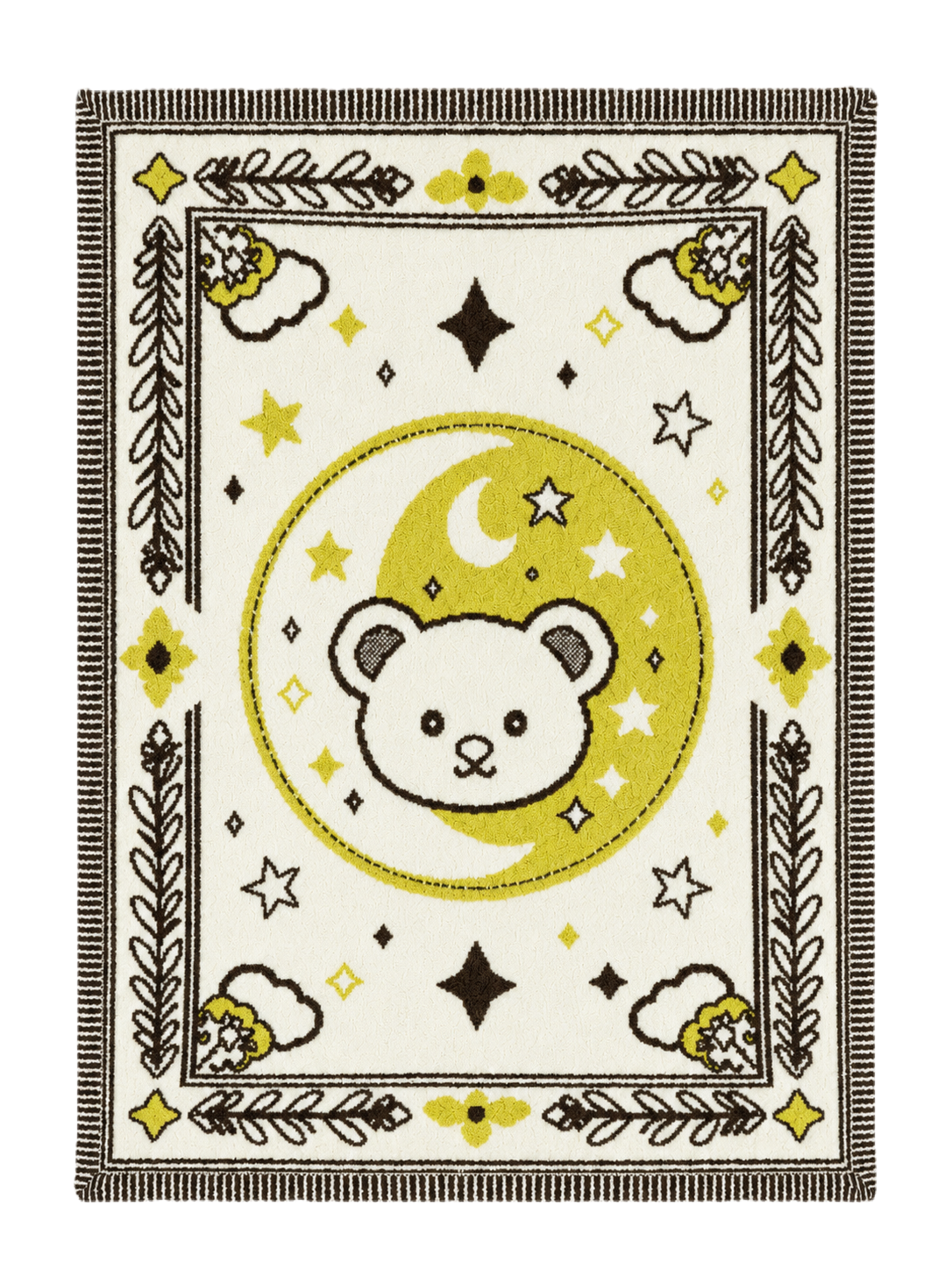 Full Pattern Half-fleece Jacquard Throw Blanket, Off-white Yellow Brown Bear Moon Star Bordered Design