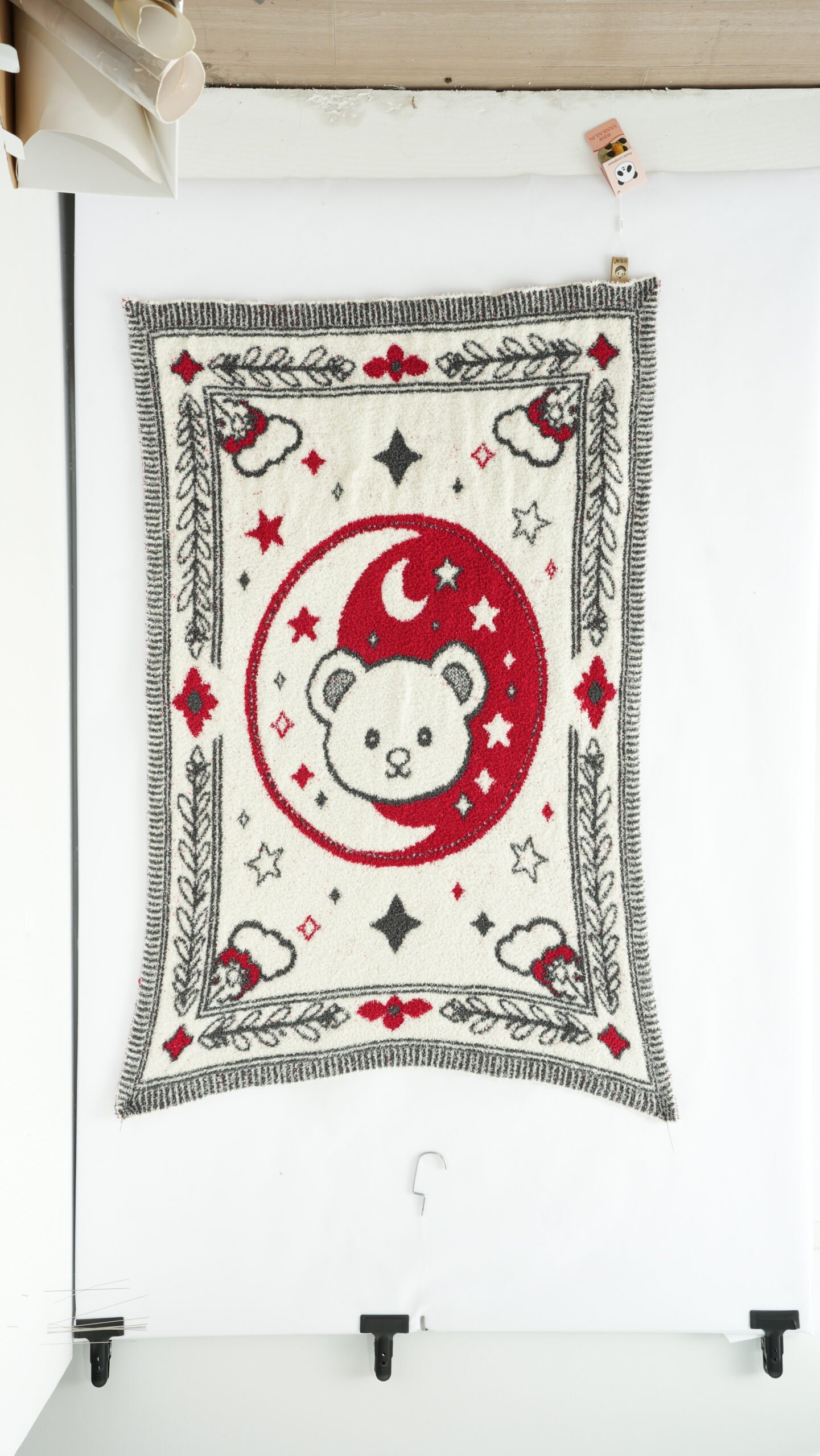 Full Pattern Half-fleece Jacquard Throw Blanket, Off-white Red Black Bear Moon Star Bordered Design