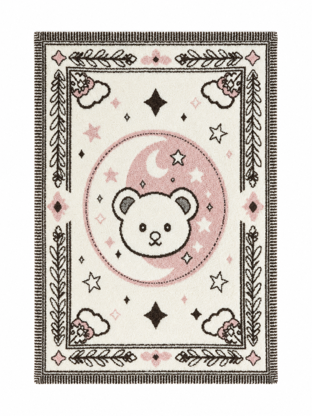 Flat Lay Half-fleece Throw Blanket, Off-white Pink Brown Bear Moon Star Jacquard Pattern