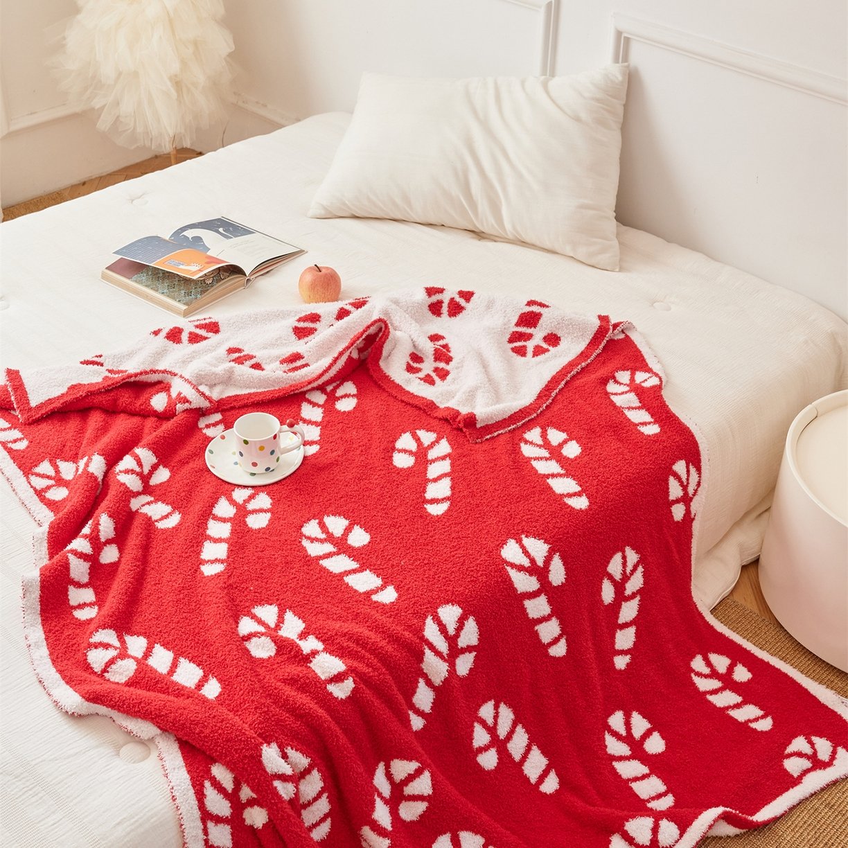Reversible Jacquard Half Fleece Throw Blanket, Red & White Christmas Candy Cane Pattern, Full Spread View
