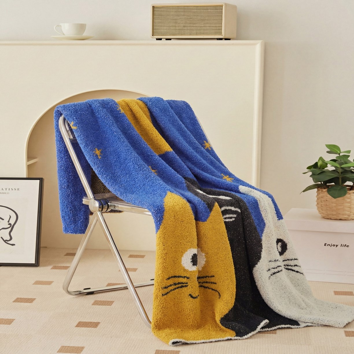 Blue Half Fleece Knitted Throw Blanket with Cartoon Cat and Moon Star Pattern, Draped View