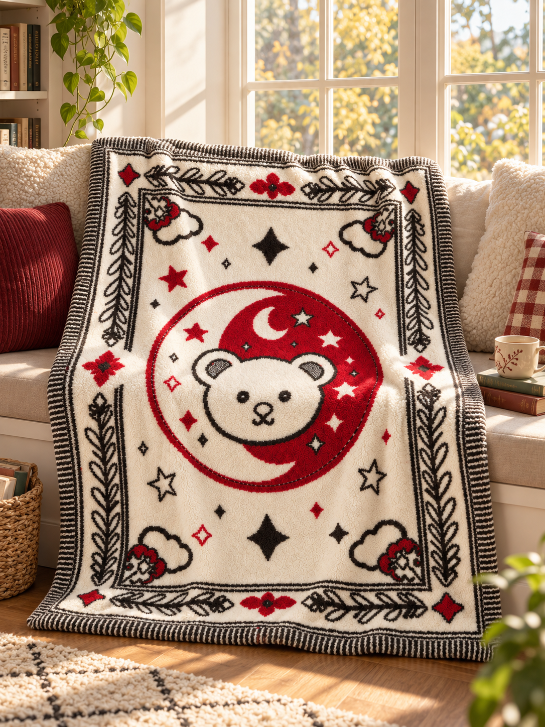 Half-fleece Jacquard Throw Blanket, Off-white Red Black Bear Moon Star Decorative Border Pattern
