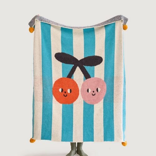Full Size Jacquard Half Fleece Throw Blanket, Blue & White Stripe with Cartoon Cherry Pattern & Pom-pom Trim, Hang View